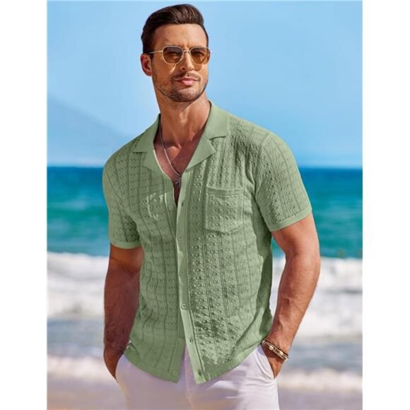 Men's Knit Button Down Shirt Short Sleeve Vintage Polo Shirts Summer - Picture 2 of 7